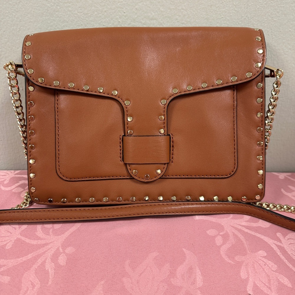 Rebecca Minkoff Cognac Brown Leather Studded Crossbody Bag Gold Hardware